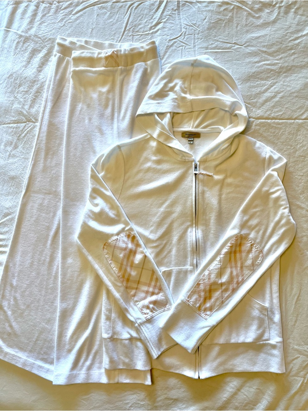 Burberry Cream Hooded Zip Jacket with Plaid Elbow Patches